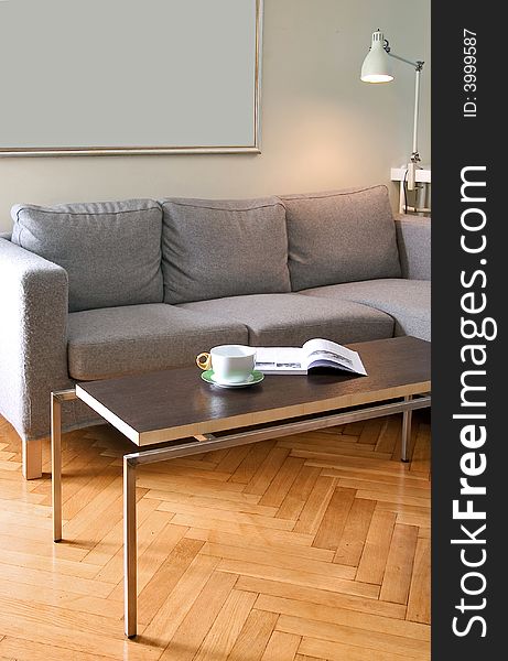 Living room with gray sofa. Living room with gray sofa