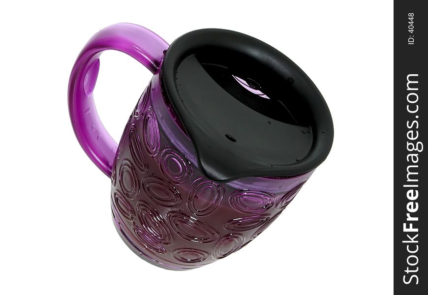 Hot coffee in a purple plastic thermos/mug with splash proof lid isolated on white. For use with coffee, tea, hot chocolate. Hot coffee in a purple plastic thermos/mug with splash proof lid isolated on white. For use with coffee, tea, hot chocolate.