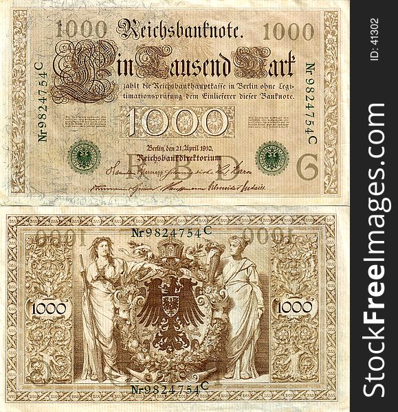 1000 German Mark from 1910. High resolution scan (front and back) of an old banknote, precious for collectors. Isolated on white background. 1000 German Mark from 1910. High resolution scan (front and back) of an old banknote, precious for collectors. Isolated on white background.