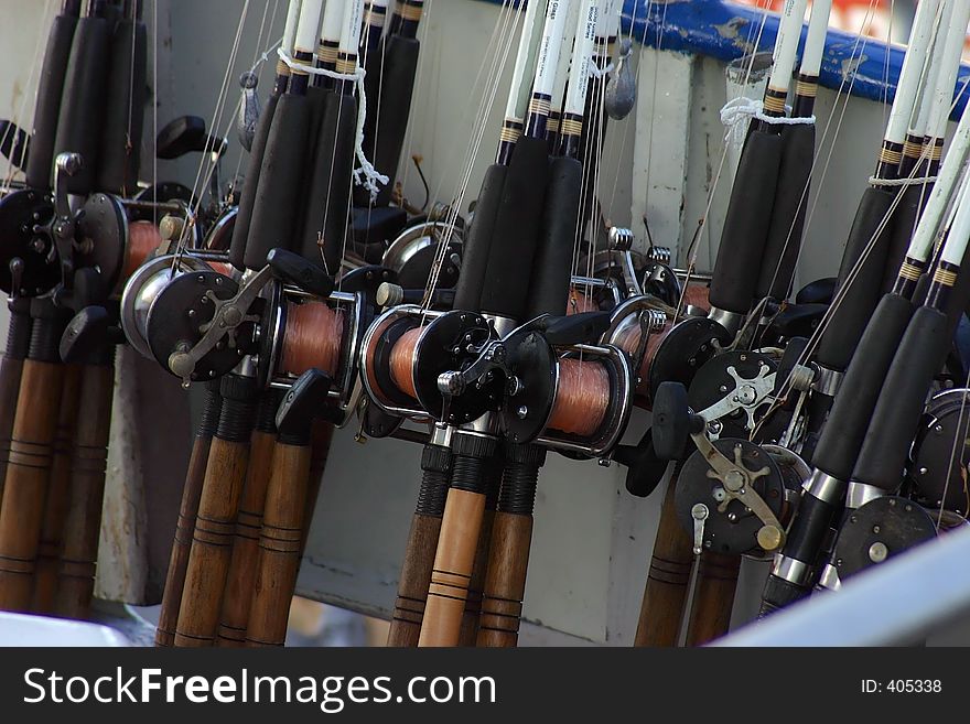 Deep Sea Rods and reels stacked on boat. Madeira Beach Florida