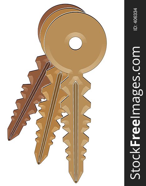 This is an illustration of three shiny keys that are cascaded at an angle. The three types of keys are: brass, copper, and silver. This is an illustration of three shiny keys that are cascaded at an angle. The three types of keys are: brass, copper, and silver.