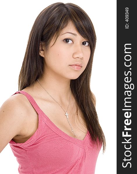 A cute young asian woman in a pink top on white background. A cute young asian woman in a pink top on white background