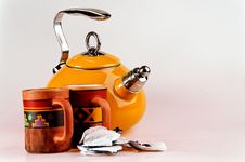 Tea Pot With Handmade Mugs Stock Image Tea Pot With Handmade Mugs Stock Image
