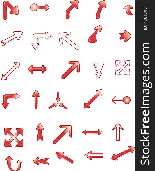 Thirty red arrows that can be used as icons,symbols, bullets, or design elements. Thirty red arrows that can be used as icons,symbols, bullets, or design elements