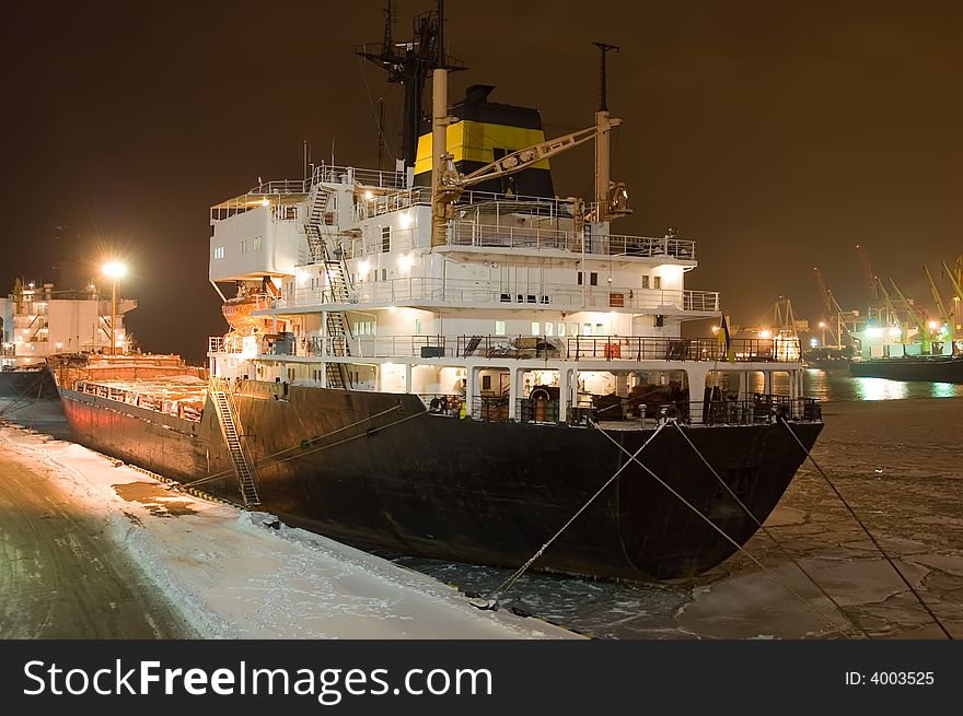 Moored cargo ship at a port