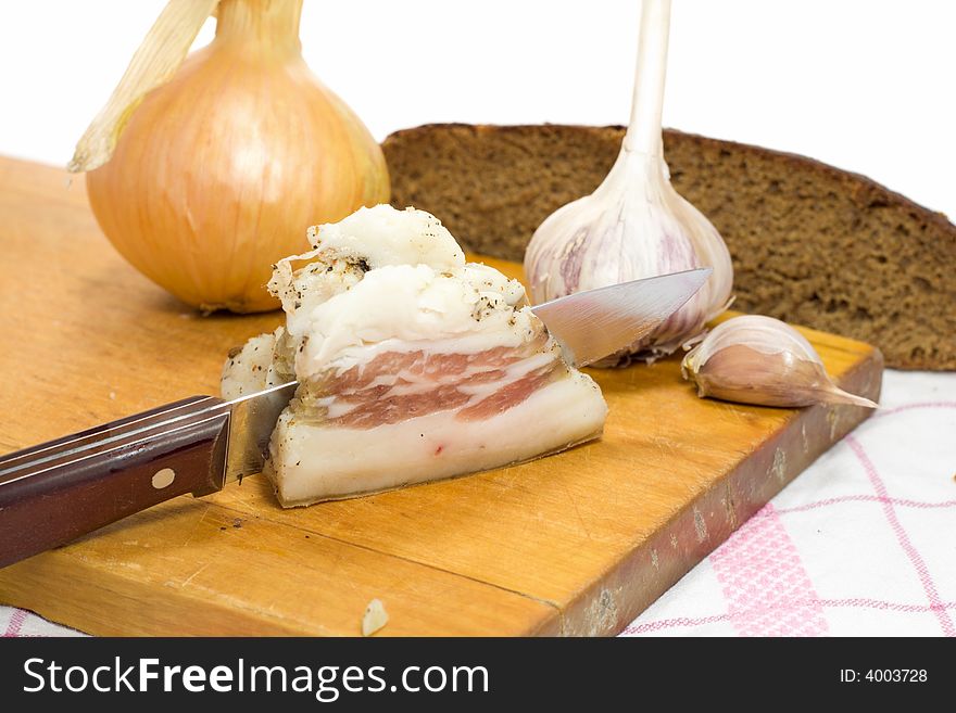 Lard, Garlic, Onion, Bread, Board On Table-cloth 2