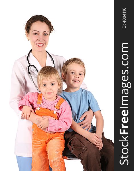 Doctor and children on white