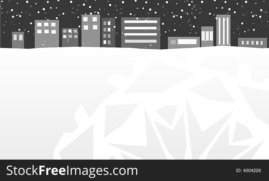 Winter city illustration with snow and city skyline above hill.