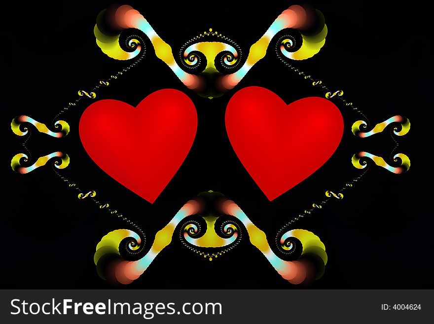 Two hearts enclosed by curly frame by fractals. Two hearts enclosed by curly frame by fractals