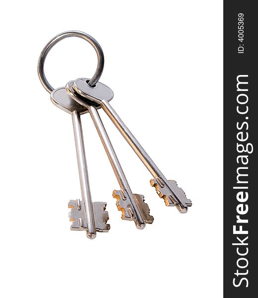 Bunch of golden keys on the ring isolated on white