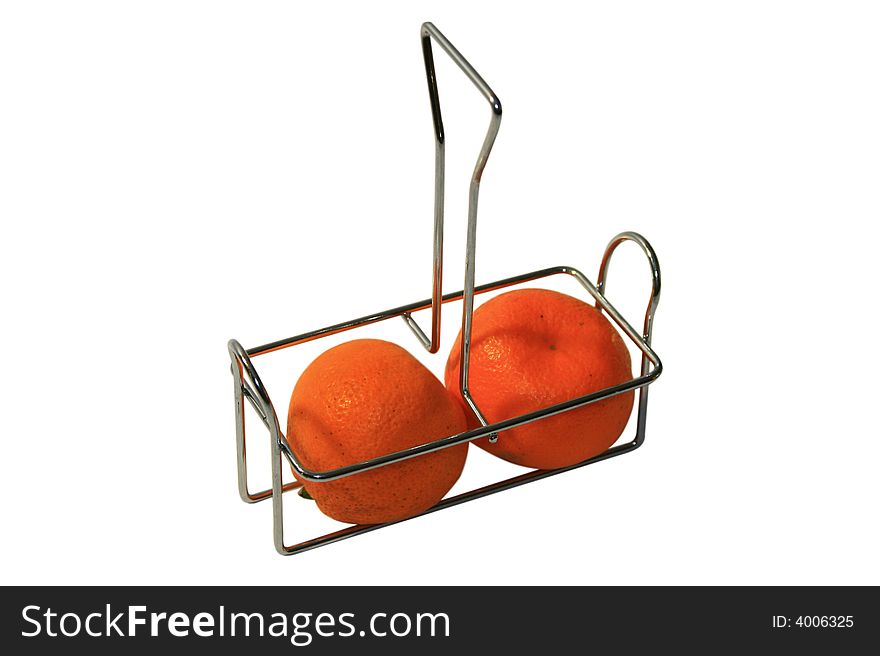 Two juicy oranges on a support on a white background