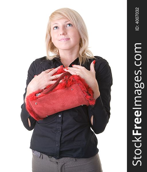 Pretty girl hands her bag and dreams about forthcoming shopping. Pretty girl hands her bag and dreams about forthcoming shopping