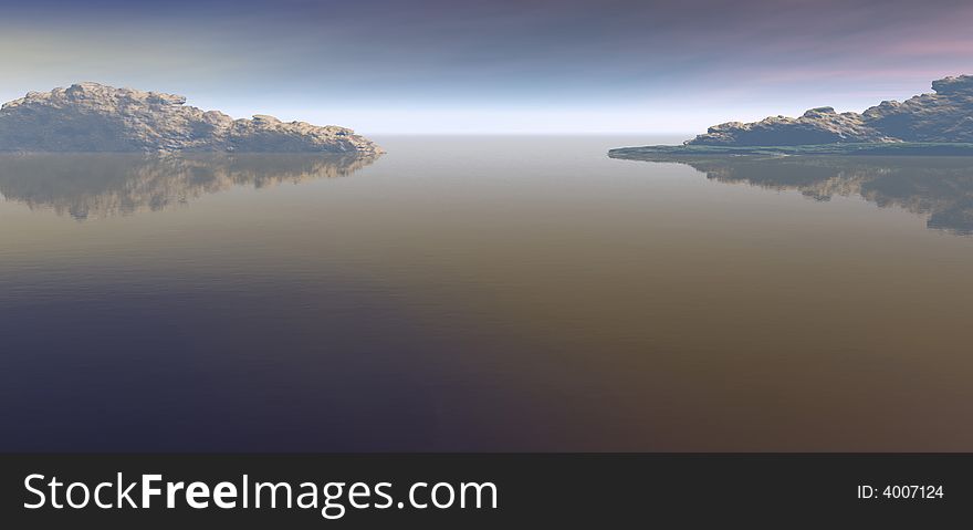Computer generated Landscape with water, sky and mountains. Computer generated Landscape with water, sky and mountains
