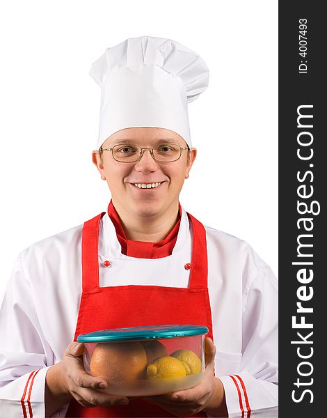 Happy chef with fruits isolated and with clipping paths