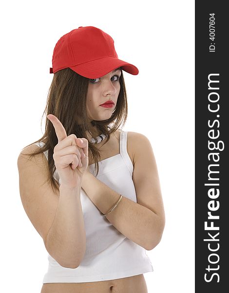Emotional girl in red cap on insulated background