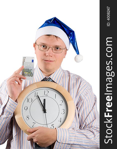 Business concept with 5 euro and clock on white. Business concept with 5 euro and clock on white