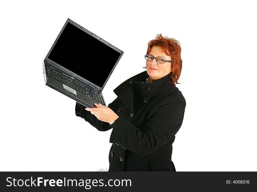 Mature businesswoman with laptop happy and in good clothes