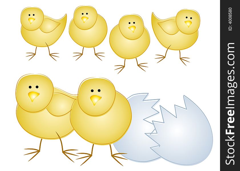 A clip art illustration featuring a group of small yellow chicks with a broken eggshell. A clip art illustration featuring a group of small yellow chicks with a broken eggshell