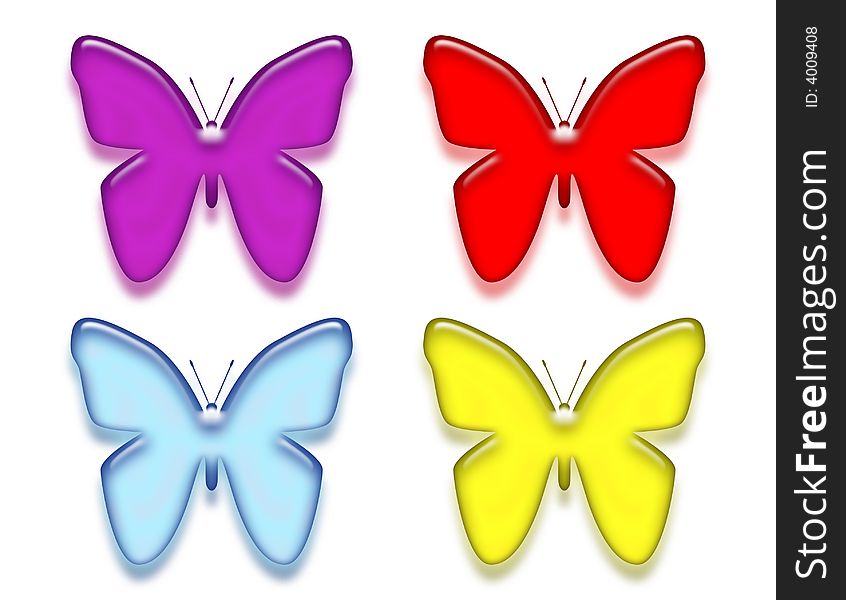 Four Butterfly beveled images in purple, red, light blue and yellow. Four Butterfly beveled images in purple, red, light blue and yellow.