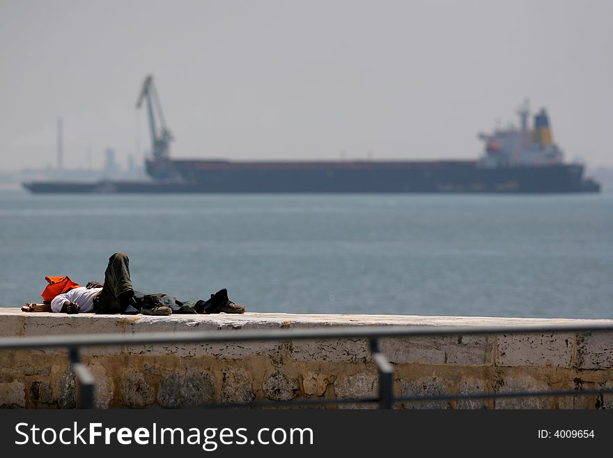 Some worker have siesta on Lisbon's harbour