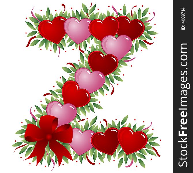 Letter Z - with heart, bow, ribbon and leaf - Alphabet. Letter Z - with heart, bow, ribbon and leaf - Alphabet
