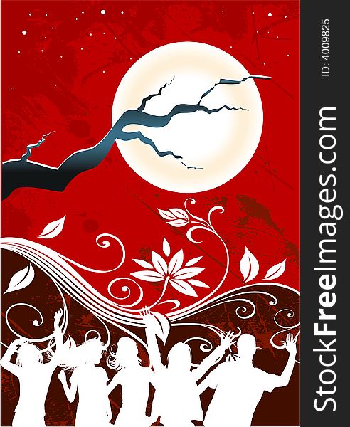 People dancing in a full moon floral background. People dancing in a full moon floral background