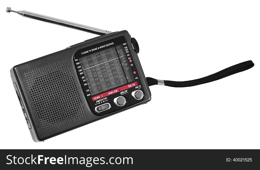 Small multi-band radio with hand strap isolated on white