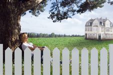 Young Beauty Woman Sit Under Alone Tree In Field Stock Photos Young Beauty Woman Sit Under Alone Tree In Field Stock Photos