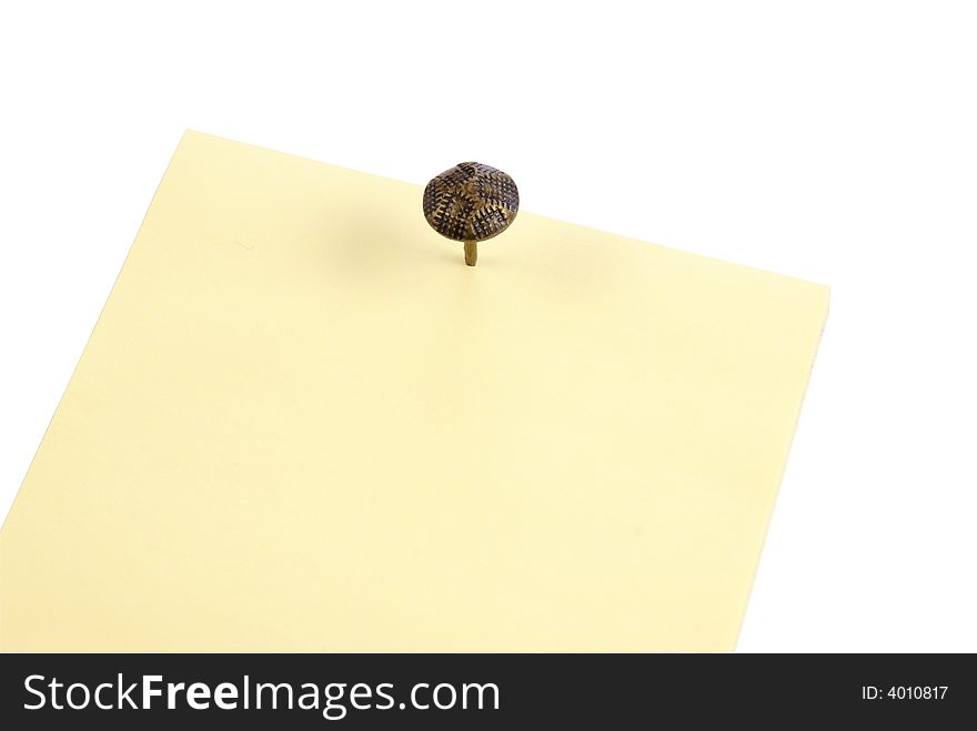 Isolated sticky notes. Yellow notepaper squares with metal thumbtack on white background. Isolated sticky notes. Yellow notepaper squares with metal thumbtack on white background