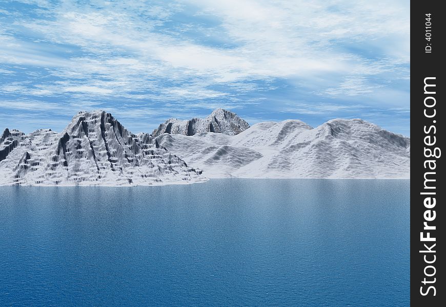 Snow peak mount on a blue sea - 3d scene.