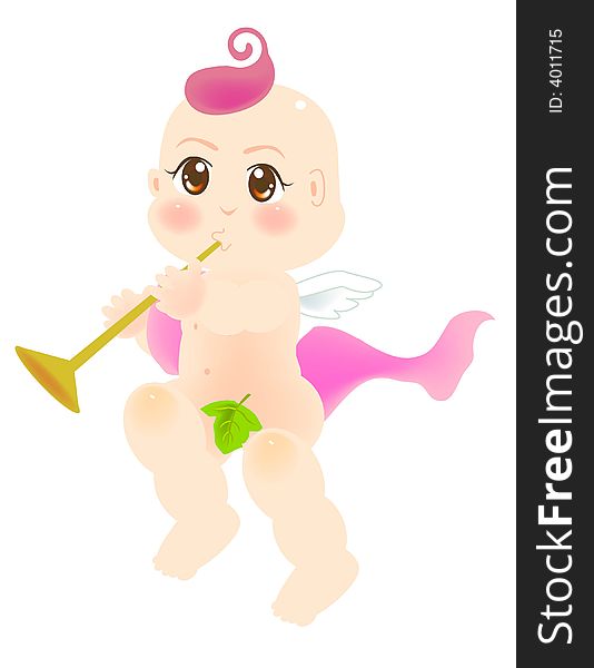 Vector illustration for a baby angel playing a horn, flute. Vector illustration for a baby angel playing a horn, flute