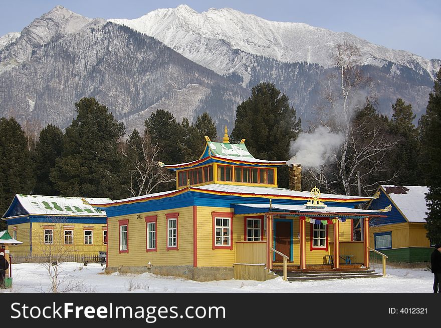 Temple of the llama on a background of mountains