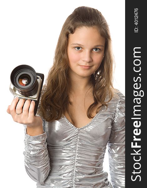 Young girl with SLR camera Isolate on white.