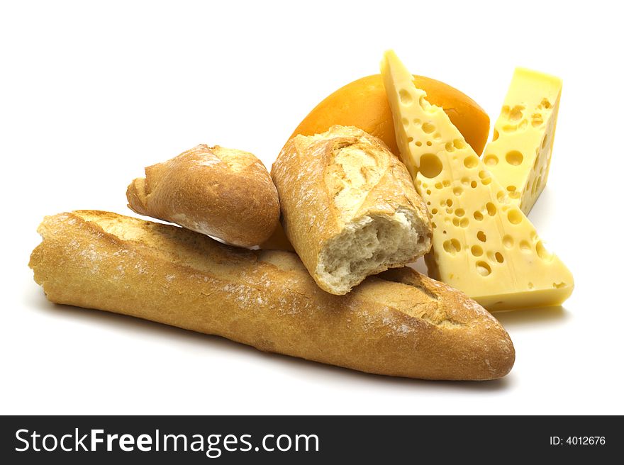 Baguette and cheese on white background