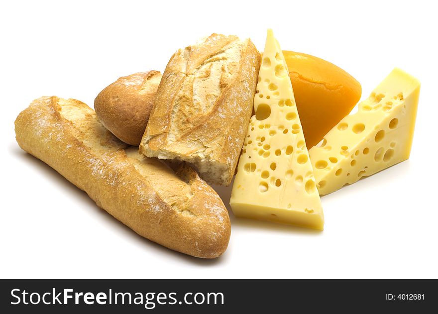 Baguette and cheese on white background