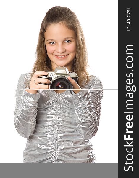 Young girl with SLR camera. Isolate on white.