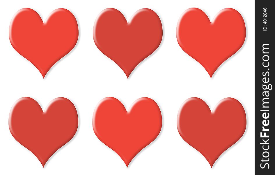 Six red hearts with 2 colors isolated on white