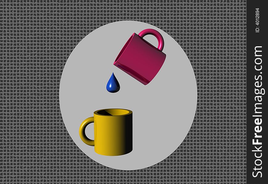 Mugs, red, yellow, two, pour out, water, blue, illustration. Mugs, red, yellow, two, pour out, water, blue, illustration