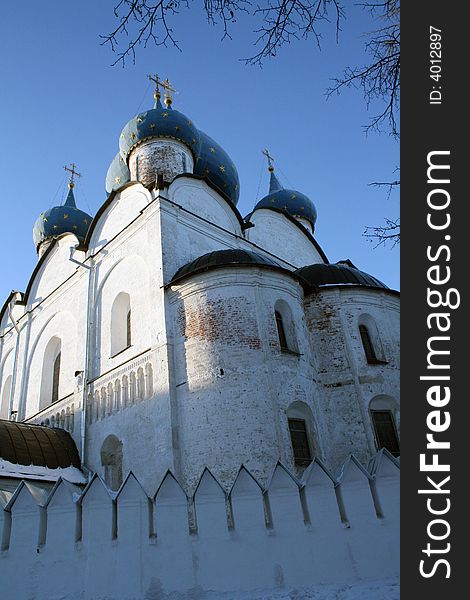 Russian monastery in Suzdal city on winter background. Russian monastery in Suzdal city on winter background