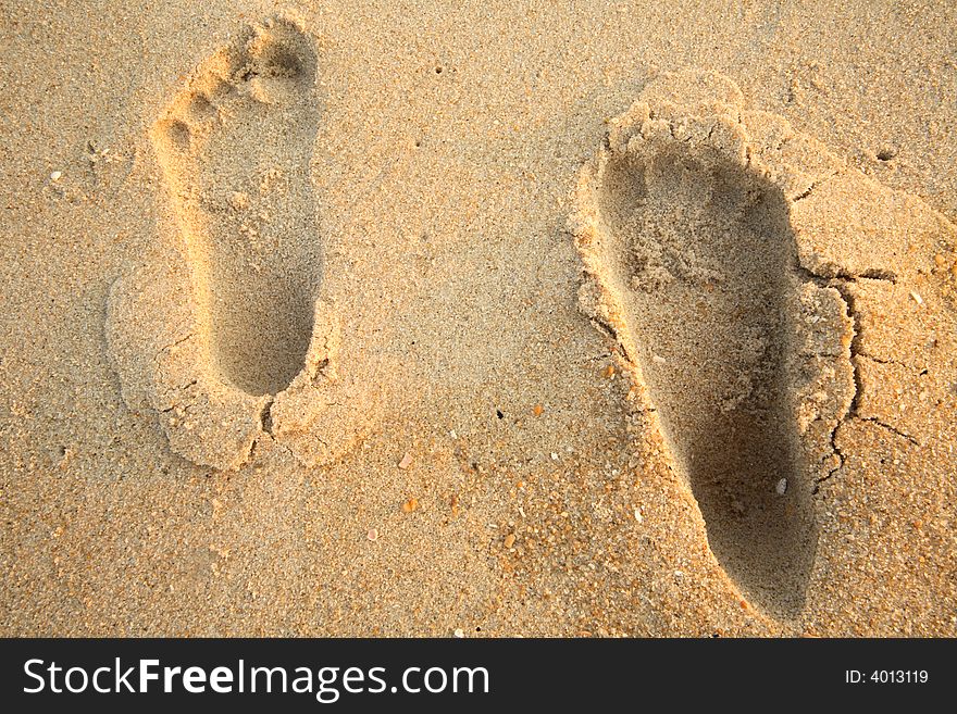 Human barefoot prints in the sand at the beach. Human barefoot prints in the sand at the beach