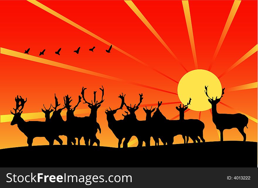 Illustration of deers on sunset