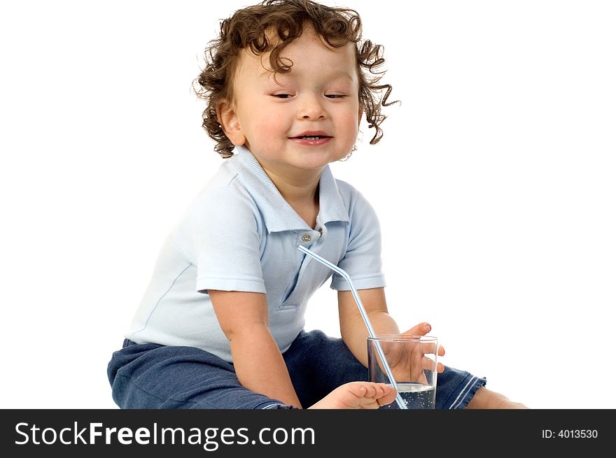 Happy child with a glass of water,isolated on a white background. Happy child with a glass of water,isolated on a white background.