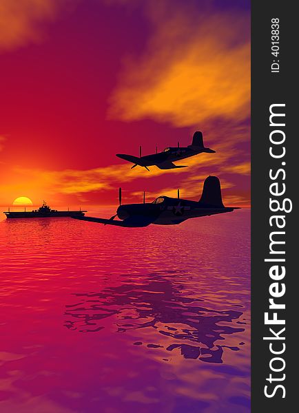 Two WWII era American planes patrol the airspace over a carrier at sea. 3D model, computer generated. Two WWII era American planes patrol the airspace over a carrier at sea. 3D model, computer generated.