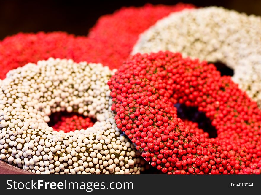 Red and white speckled chocolate rings