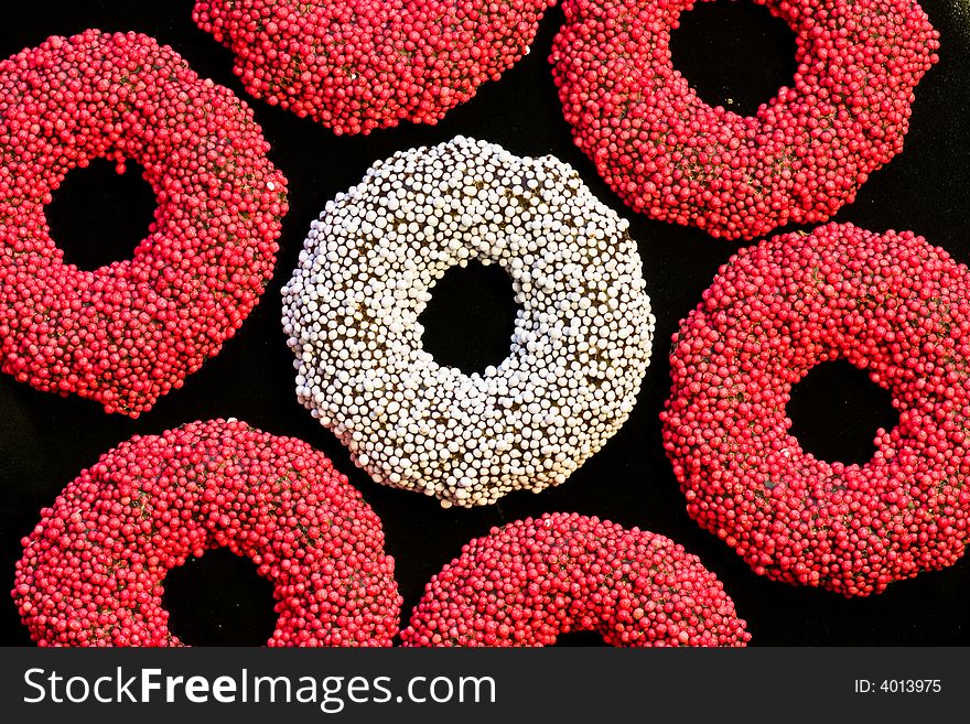 Red and white speckled chocolate rings