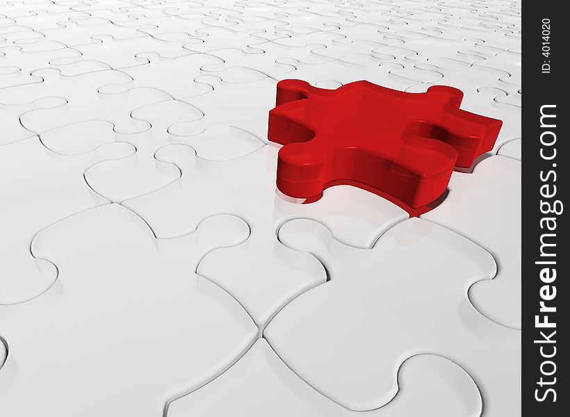 3D render of a jigsaw puzzle with one red piece prominent. 3D render of a jigsaw puzzle with one red piece prominent