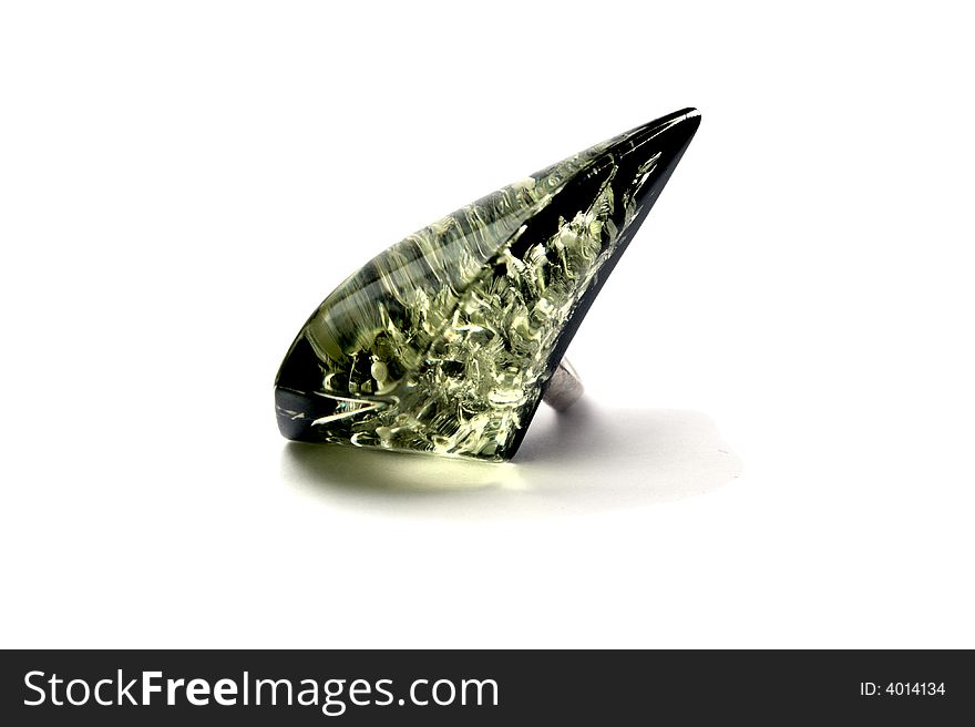 Isolated ring with large green amber. Isolated ring with large green amber