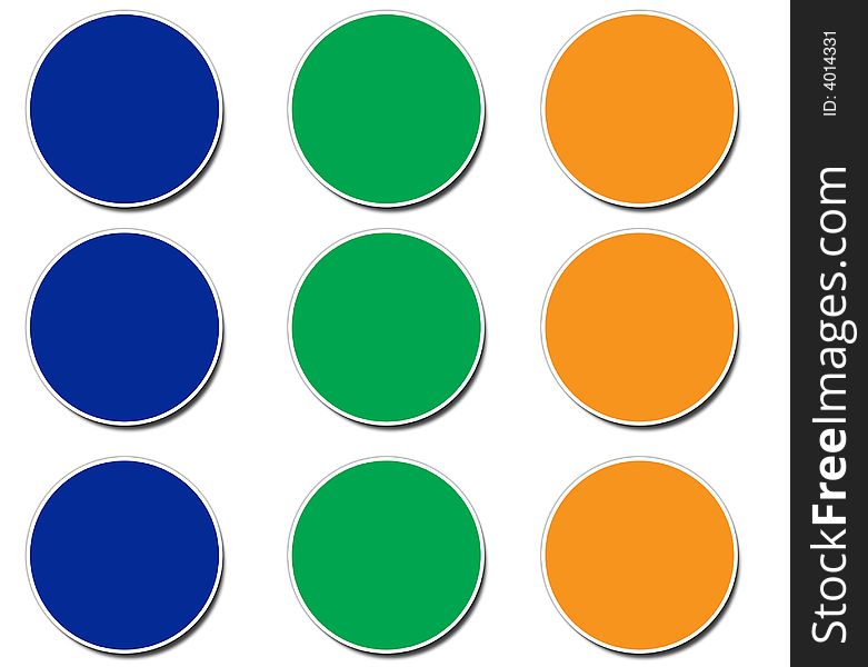 A collection of three different coloured blank sticker icons. A collection of three different coloured blank sticker icons