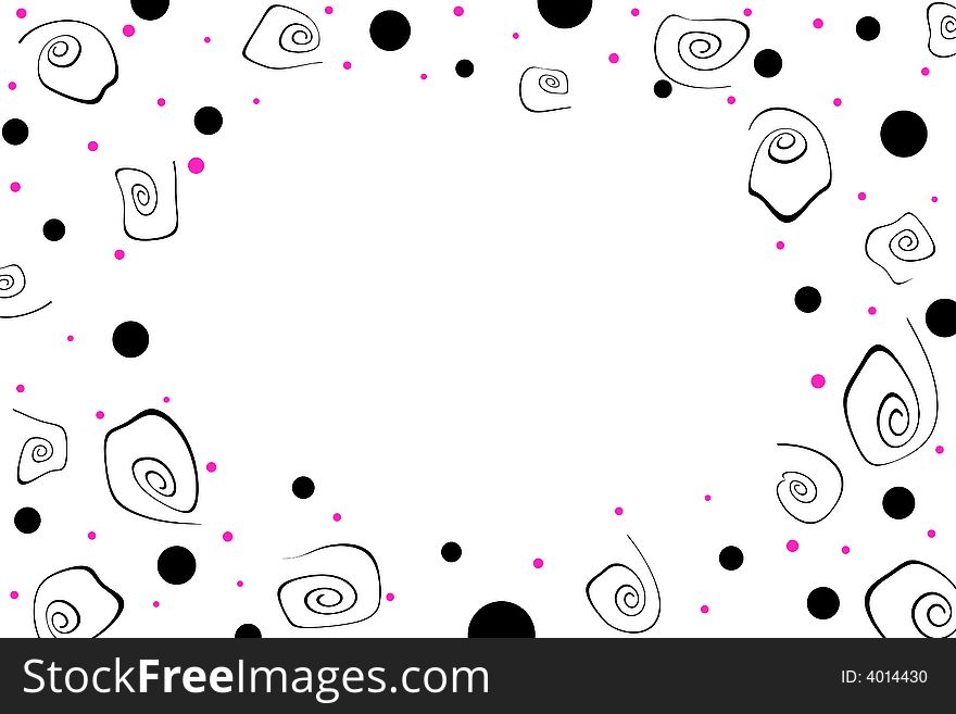 White background with black warped swirls and various sizes of black and pink dots with middle copy space. White background with black warped swirls and various sizes of black and pink dots with middle copy space.