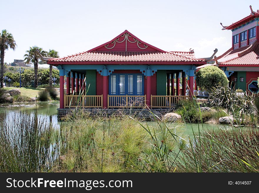 Oriental building at a water front showing off typical style of building and architecture